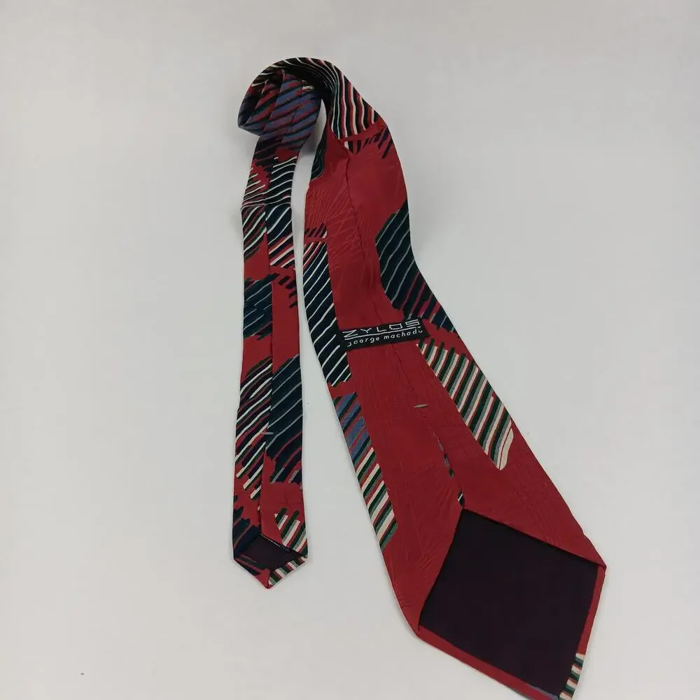 Zylos George Machado Tie Mens Red Black Blue Abstract Striped 100% Silk Necktie